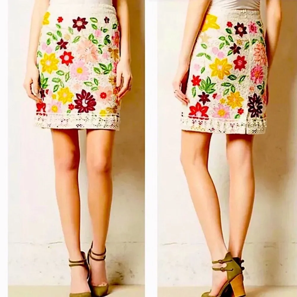 MAEVE ANTHROPOLOGIE Ayaka Lace Cream Embroidered Floral Pencil Skirt Sz 6